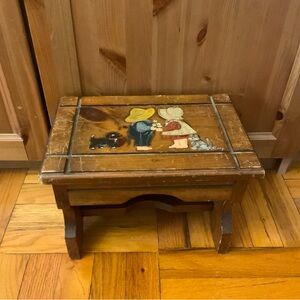 Vintage Handmade Rustic Wooden Foot Stool with hand painted picture Brown